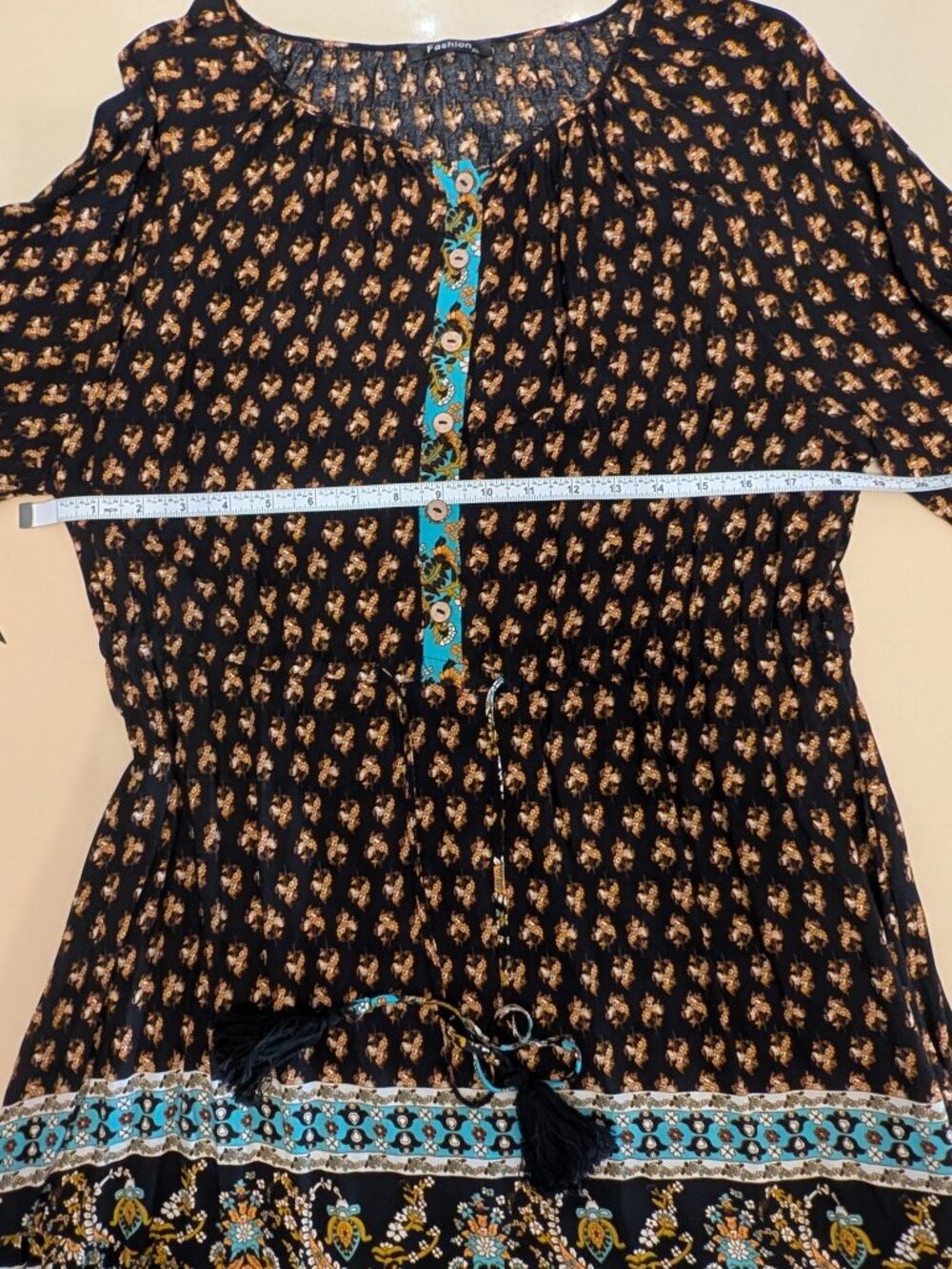 Boho Mini Dress Black Paisley Print L/S Tassel Tie Waist Size XL NWOT - Picture 8 of 12